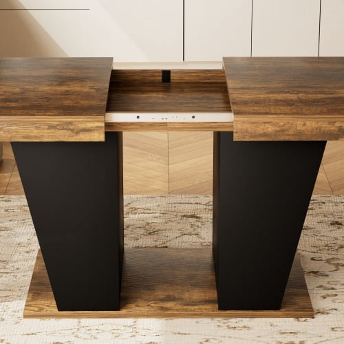 63" to 78.7" Extendable Rustic Dining Table, Mid-Century Modern Wood Kitchen Table with Storage Shelves, Seats 8-10, Rustic Brown & Black