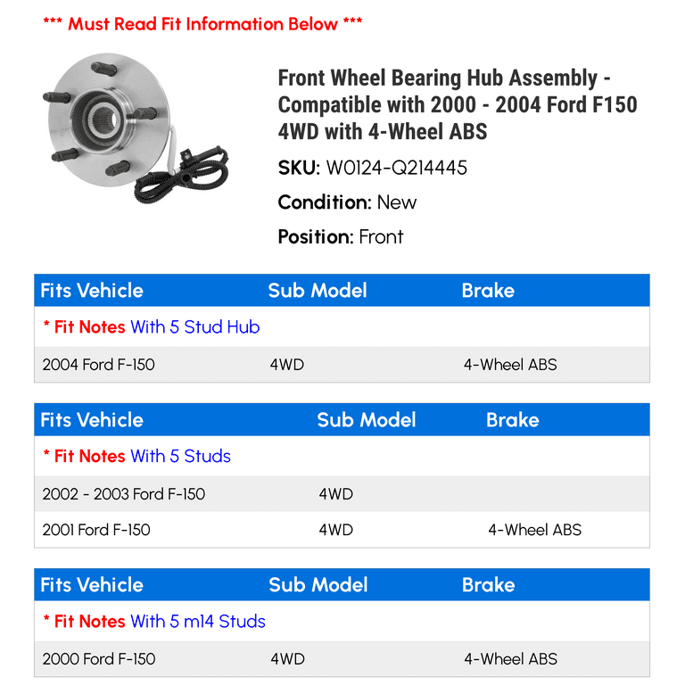 Front Wheel Hub Bearing W/ ABS For 4WD 2000-2003 Ford F-150