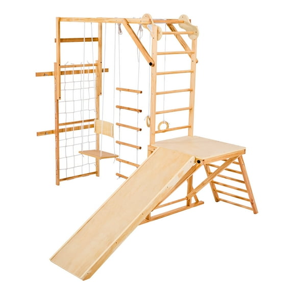 KFFKFF Indoor Wooden Jungle Gym for Kids, 8-in-1 Playset with Slide, Swing, Monkey Bars, Gym Rings, Ladders, Climbing Net, and Bar, 220LBS Capacity