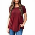 thumbnail image 5 of Femmes T-shirt Couleur Unie Haut Col Rond Manches Courtes Chemisier Manches Unie, Rouge Vin, S, 5 of 5