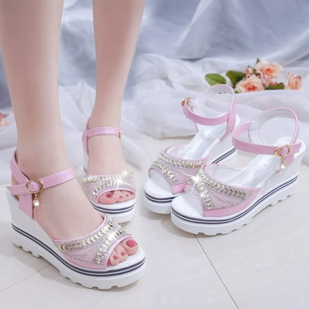 

TUTUnaumb Women s Sandals Size 6.5 Fashion Women Ankle Strap Summer Slide Sandals Platforms Wedges Shose Fish Mouth Sandals Rhinestone Thick Sole Sloping Heel Fashion Causal Sandals-Pink 37