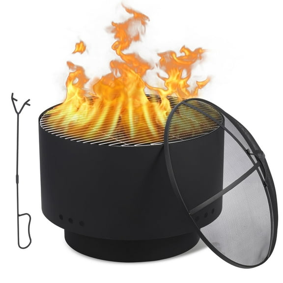 Garvee 26 In Smokeless Fire Pit with Fire Poker, Mesh Lid, Cooking Grate, Cover, Outdoor Portable Patio Bonfire Pit for Outside BBQ, Yard, Garden, Camping