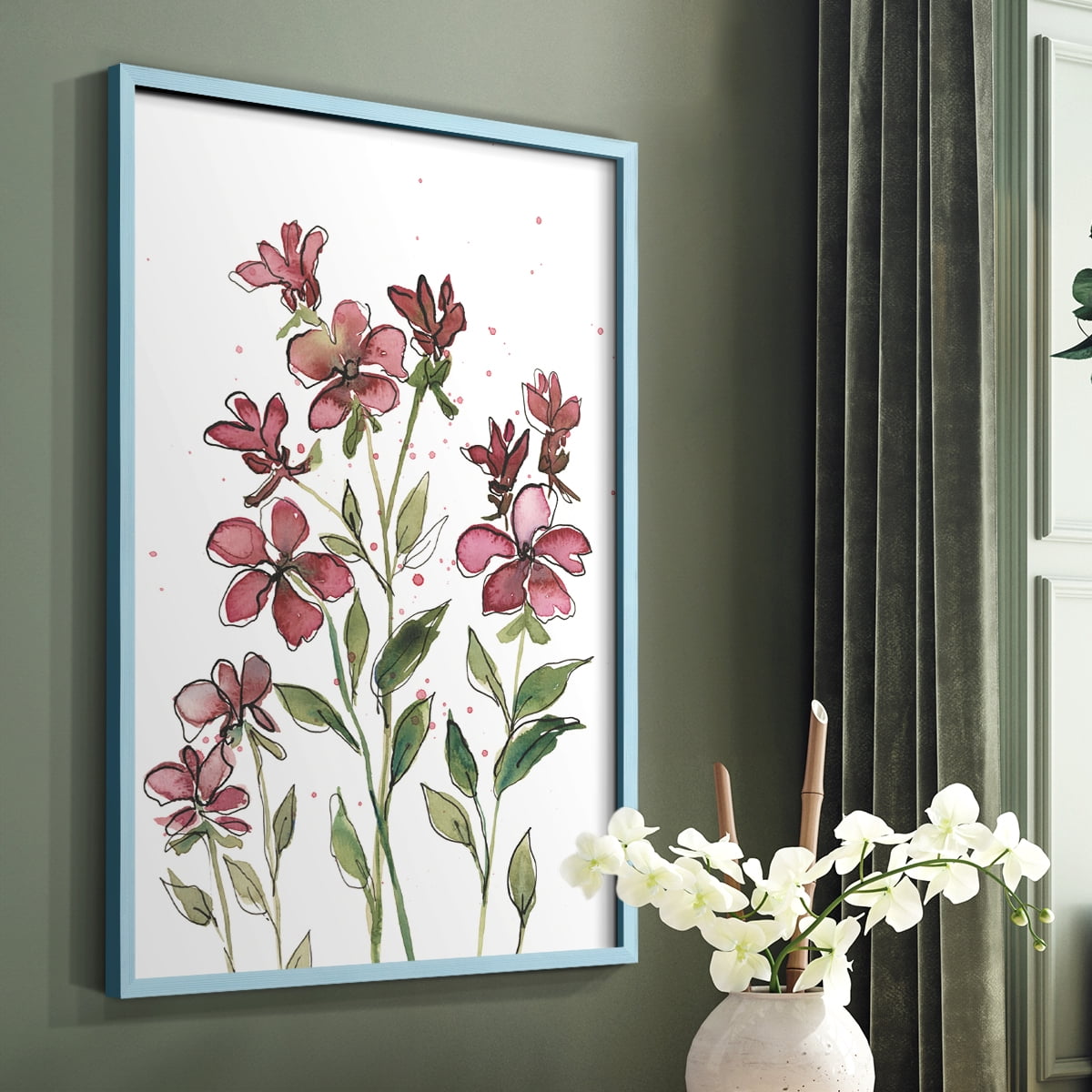 Watercolor Floral Stems II Framed Print in Blue Solid Wood 8 x 10 Framed Print