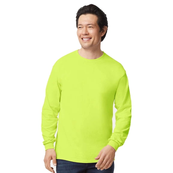 Gildan Ultra Cotton Long Sleeve Safety T-Shirt, Hi Vis Green Crew Neck Work Tee, Durable, Size L