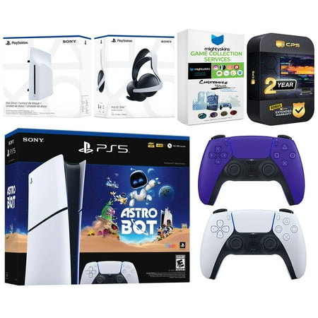 Sony PlayStation 5 Slim Digital Astro Bot Bundle with Disc Drive, Extra Controller, MightySkins Voucher and 2 Year Extended Warranty - Galactic Purple