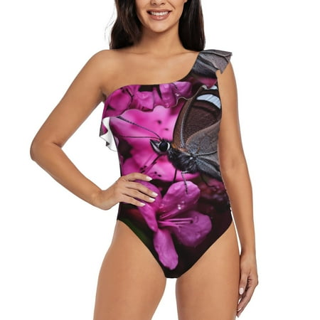 Qokaie Pink Blossoms Butterfly Print Women s One Piece Swimsuits Tummy Control Bathing Suits Asymmetric One Shoulder Swimwear-Small