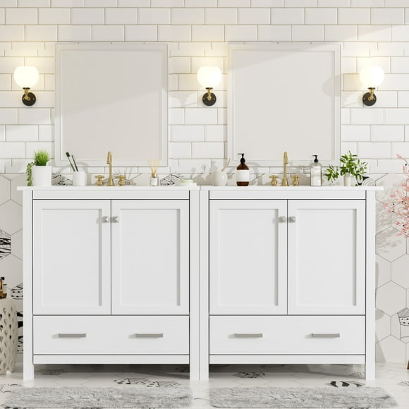 60" Bathroom Vanity with Single Sink, Combo Cabinet Undermount Sink, Bathroom Storage Cabinet with 2 Doors and a Drawer, Soft Closing, Multifunctional Storage, Solid Wood Frame,White