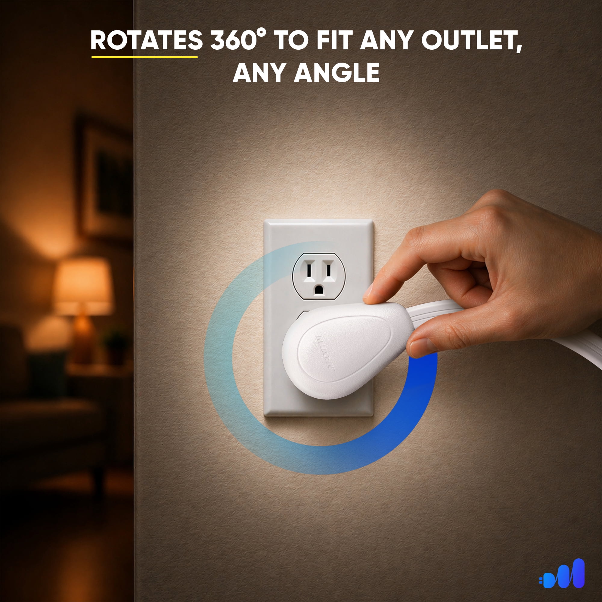 Maximm 3-Outlet 360° Rotating Flat Plug Extension Cord, 15ft, White, 14AWG Heavy Duty Flat Wire with Hanging Loop, 2-Sided Multi-Outlet Power Strip, UL Certified