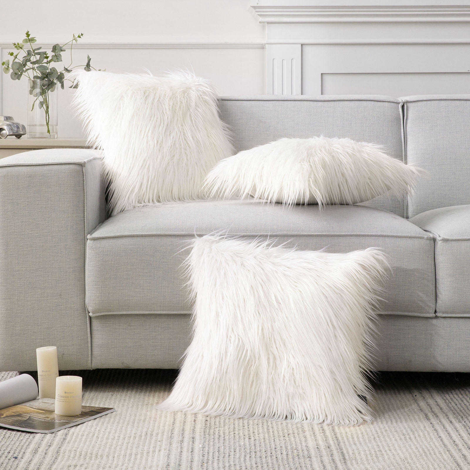 Phantoscope 18" x 18" 2-Pack Faux Fur Decorative Throw Pillows, Plush Cushions with Inserts for Couch, Bed, Chair, Off White