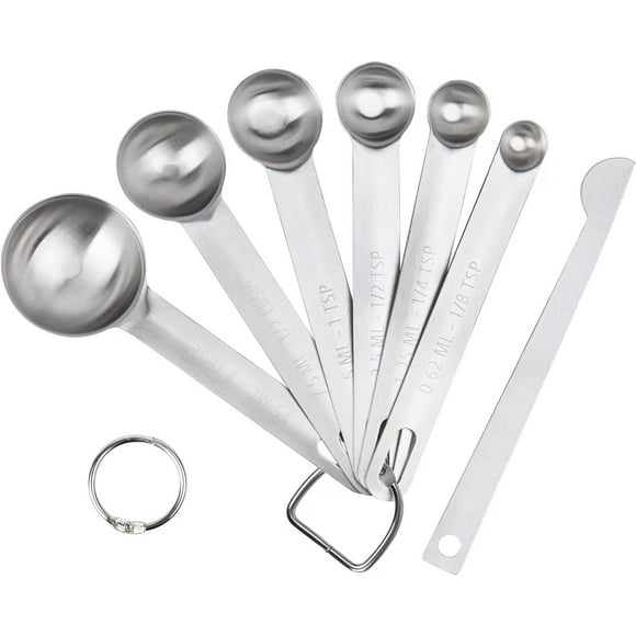 7pcs Upgrade Stainless Steel Measuring Spoons Set, Small Tablespoon, Etched Markings and Removable Clasp for Dry and Liquid, Fits in Spice Jars