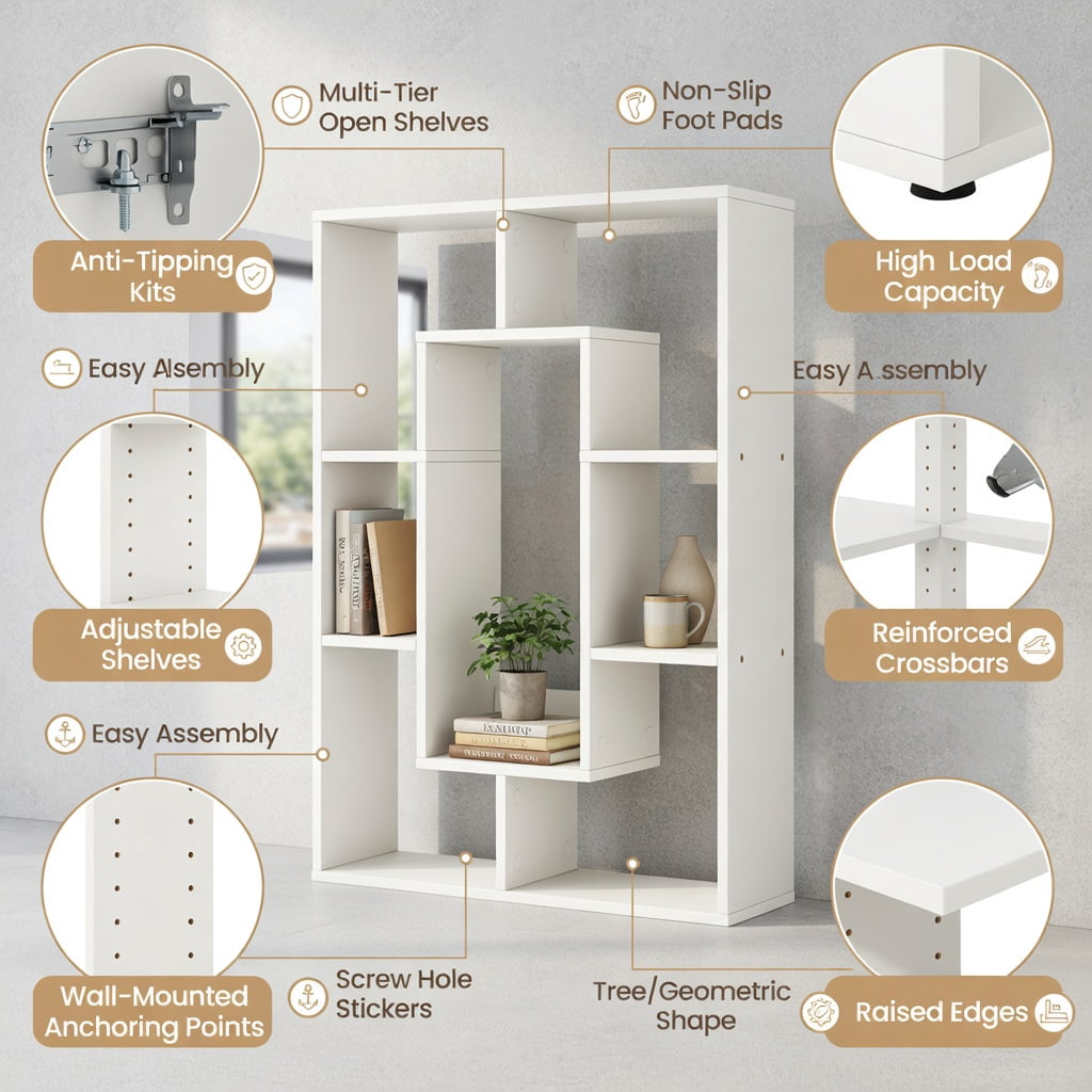 Spaco 7-Cube Geometric Bookshelf Modern Decorative Open Bookcase-White, Tall Bookshelf, Shelves for Living Room, Home Office, Bedroom, Balcony