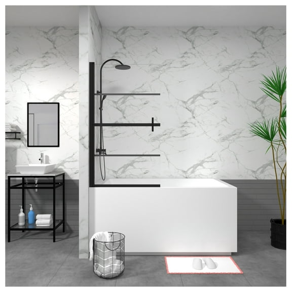 Goodyo Bathtub Screen Panel Shower Door 180° Pivot, Black Black   Glass Metal