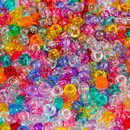 Genreen Glitter Pony Beads 6x9mm (600-Pack) - Transparent Rainbow Beads ，Mixed Color Plastic Beads for Hair Braiding, DIY, Party Favors, Bracelets & Crafts