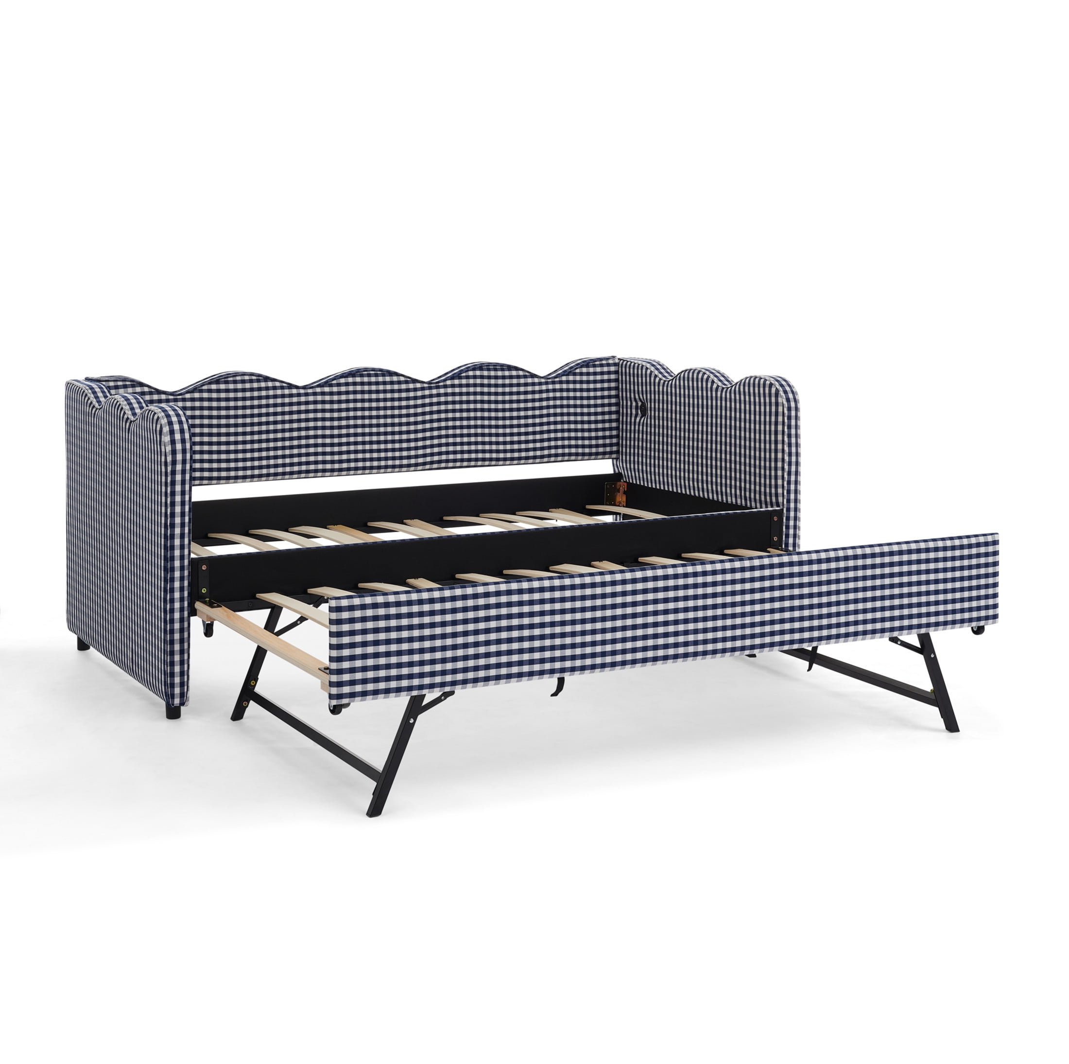 Noble House Wesley Twin Size Waved Daybed, Cozy Gingham Linen Sofa Bed with Twin Trundle and Charging Port, Navy Blue