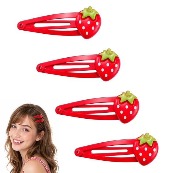 BZCOE 4Pcs Strawberry Hair Clips Cute Strawberry Hair Accessories | Snap Clips,Decorative Kawaii Clip,Red Metal Hair Barrettes,Hairpin for Women Daily Wear,Party Gifts