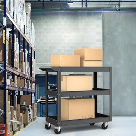 IRONMAX 3-Tier Utility Service Cart, 400 Lbs Heavy Duty Metal Trolley Rolling Cart w/Ergonomic Flat Handle, Lockable 360°Swivel Wheels, Chic Mechanic Tool Cart for Garage Warehouse & Repair Shop