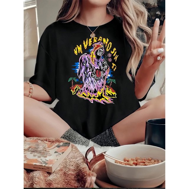 Women's Fun Skull Graphic Tee - Casual Crew Neck Short Sleeve T-Shirt, Stretchy & Breathable Polyester Blend, Perfect for Summer
