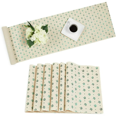 

Juvale 7-Piece Set Ivory Green Foil 72 Dining Linens Table Runners and Placemats