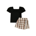 thumbnail image 1 of Baby Girls Short Skirt Suit Short Sleeves Square Neck Solid Color Tops Check Pattern Skirt, 1 of 8