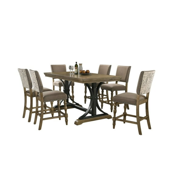 Roundhill Furniture Birmingham 7-Pc Driftwood Table with Nail Head Chairs Counter Height Dining Set