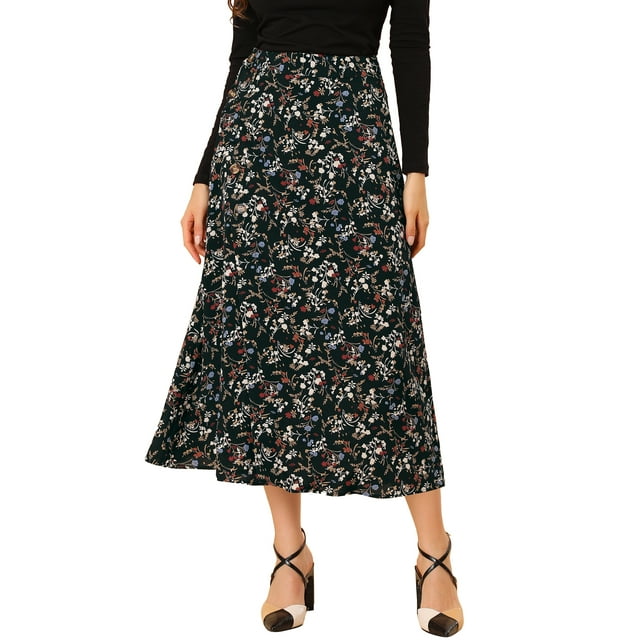 Unique Bargains Women's Floral Print Button Decor A-Line High Waist Slit Maxi Skirt
