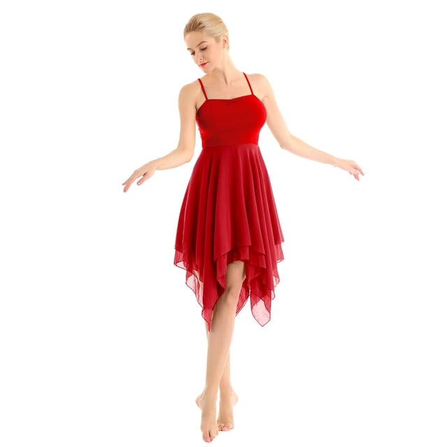 iiniim Robe de Danse Moderne Lyrique pour Femmes Costume de Danse à Bretelles Spaghetti Robes de Danse Athlétiques Rouge S