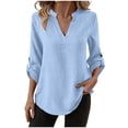 thumbnail image 2 of Sokhug Womens V Neck Blouse 3/4 Roll Sleeve Casual Tunic Tops Loose Fit Button Cuff Shirts for Work Office Daily Wear, 2 of 9