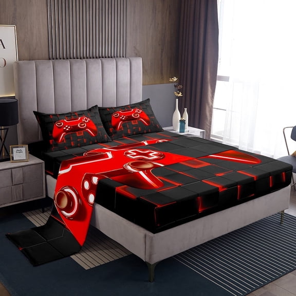 Erosebridal Gaming Bed Sheets Twin , Red Neon Light Grid Bedding Sets Twin Size, Gamer Bedroom Decorative 3pcs
