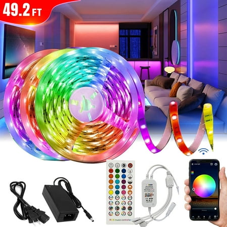 50ft Bluetooth LED Strip Lights SMD5050 Music Sync LED Lights Strip，Waterproof RGB Color Changing LED Lights with Remote Smart Phone APP Control Waterproof LED Lights for Bedroom TV Room DIY