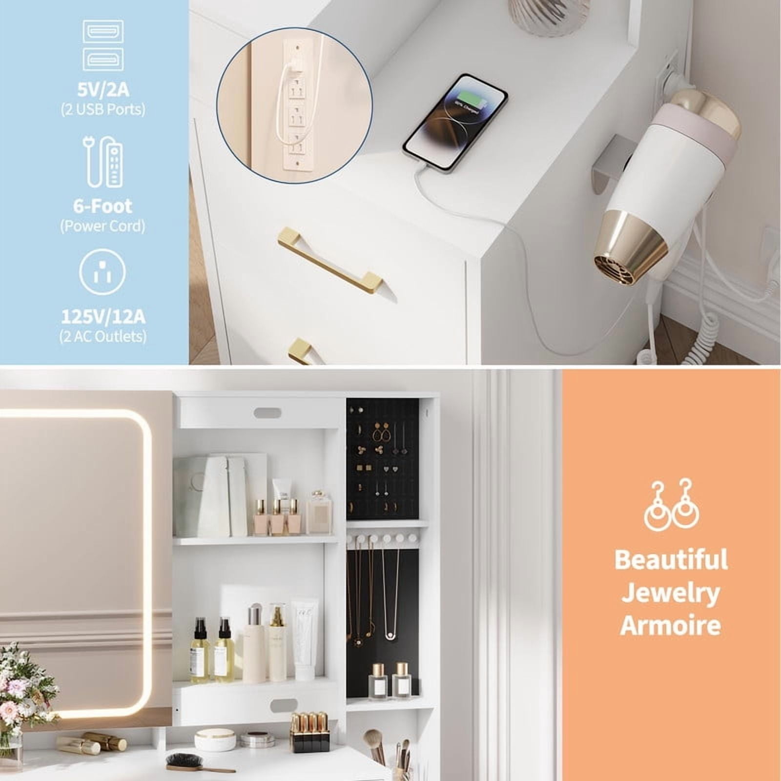 TROPOW Makeup Vanity Set with Mirror and Lights, Vanity Desk with 5 Drawers, Stool & Power Outlet, 3-Color Lighting Modes with Adjustable Brightness for Bedroom Dressing Table,White