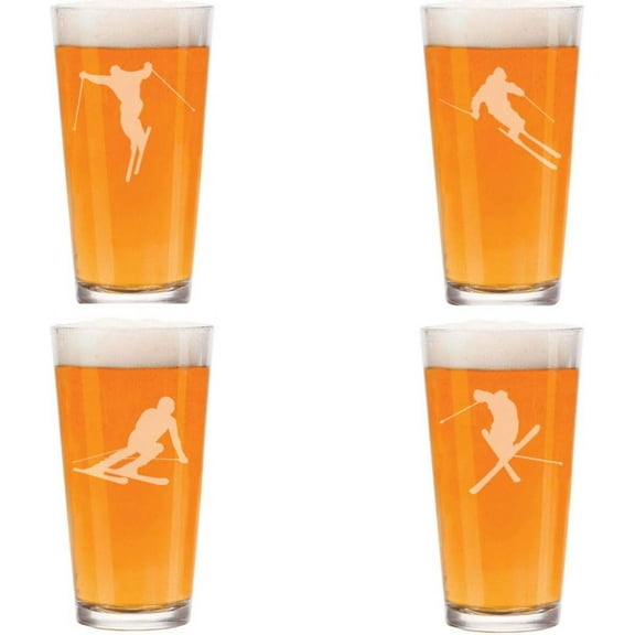 16 oz Beer Pint Glass Gift Set Of 4 Ski Skier Collection