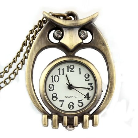 Eyed Owl Pendant - Antique Copper Color Open Owl Pendant Watch Necklace Clock Tarnish Resistant Crystal Eyes, WP-23