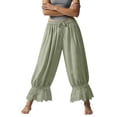 thumbnail image 5 of Women Linen Lace Trim Long Bloomers Pants Ruffle Victorian Vintage Pantaloons Summer Beach Travel Vacation Pants Light Green M, 5 of 6