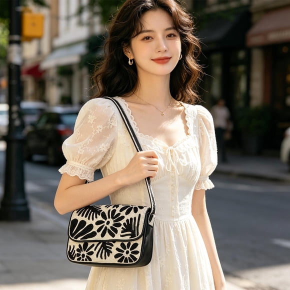 Beaded Floral Shoulder Bag Handmade Textured Underarm Purse | Versatile Commuting Crossbody Bag for Women | Vintage Floral Beadwork Evening Shoulder Holder for Phone, Lipstick, Daily Outfits