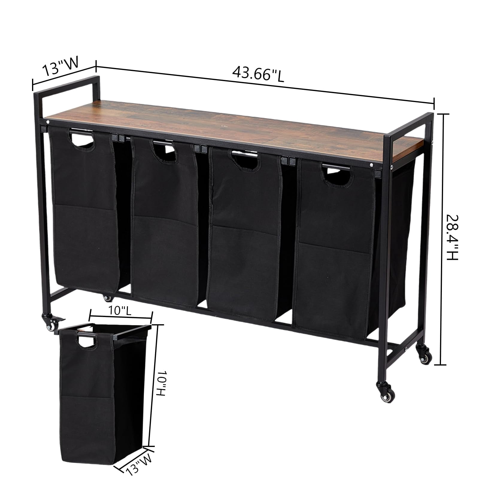 3-Section Laundry Hamper with Ventilated Shelf - Removable Pull-Out Oxford Bags - Rolling Laundry Sorter for Room Organization, Black - 3 Baskets