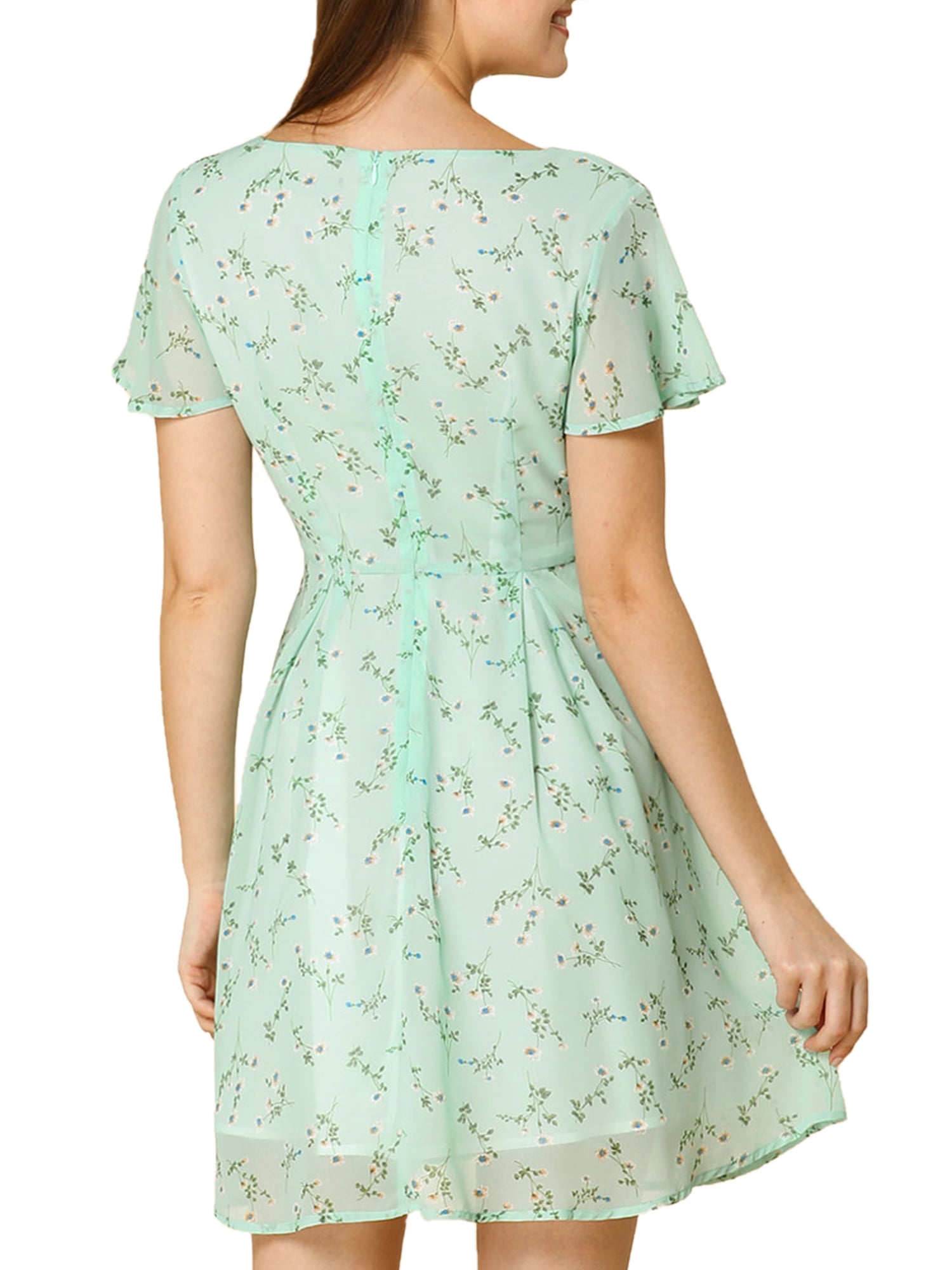 DARING DIVA Floral Flouncing Sleeve V Neck A-Line Chiffon Dress  S Green