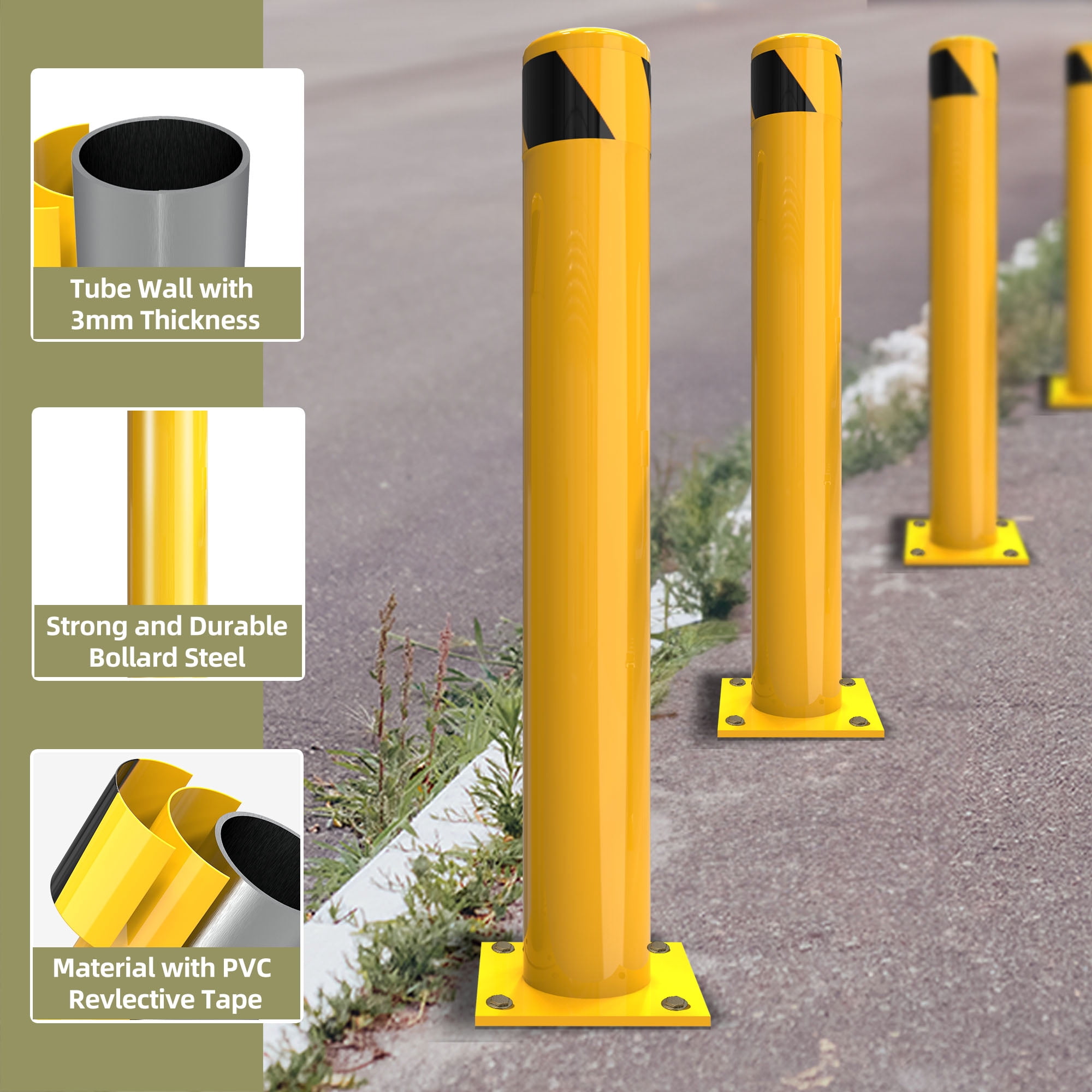 Uforic 4-Piece 36 inch Yellow Safety Bollard Post – Durable Steel Traffic Barrier for Parking Lots & Warehouses