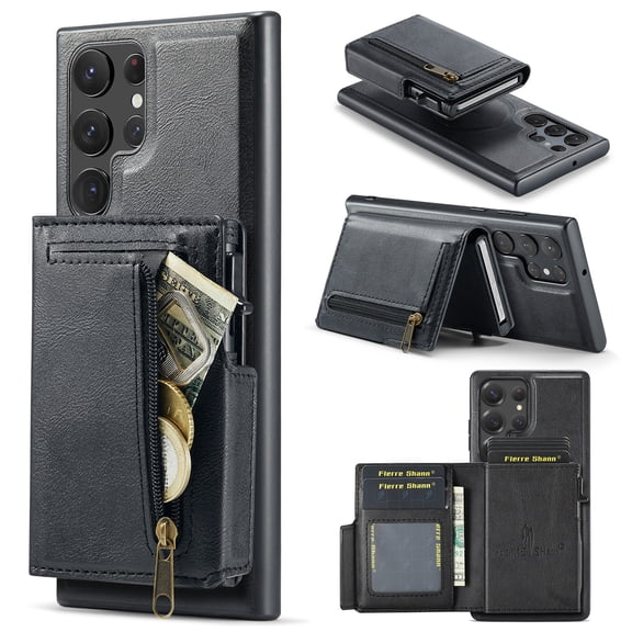 TECH CIRCLE For Galaxy S22 Ultra Magnetic MagSafe-Compatible PU Leather Back Cover Case with Removable Magnetic Phone Wallet, Multiple Card Slots, Zipper Pocket, Protective, Lightweight, Black