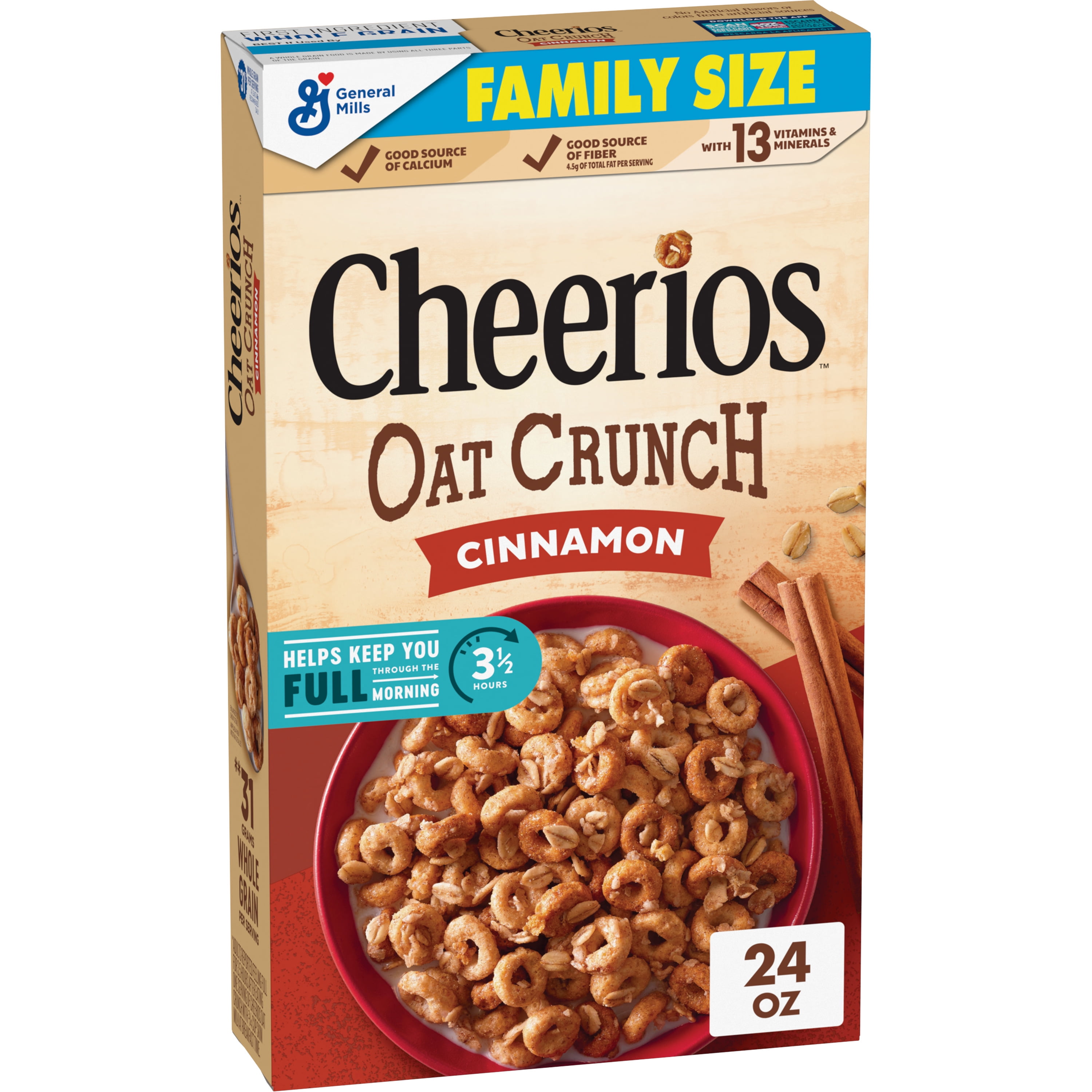 Cheerios Oat Crunch Cinnamon Breakfast Cereal, Made with Whole Grain, Family Size, 24 oz
