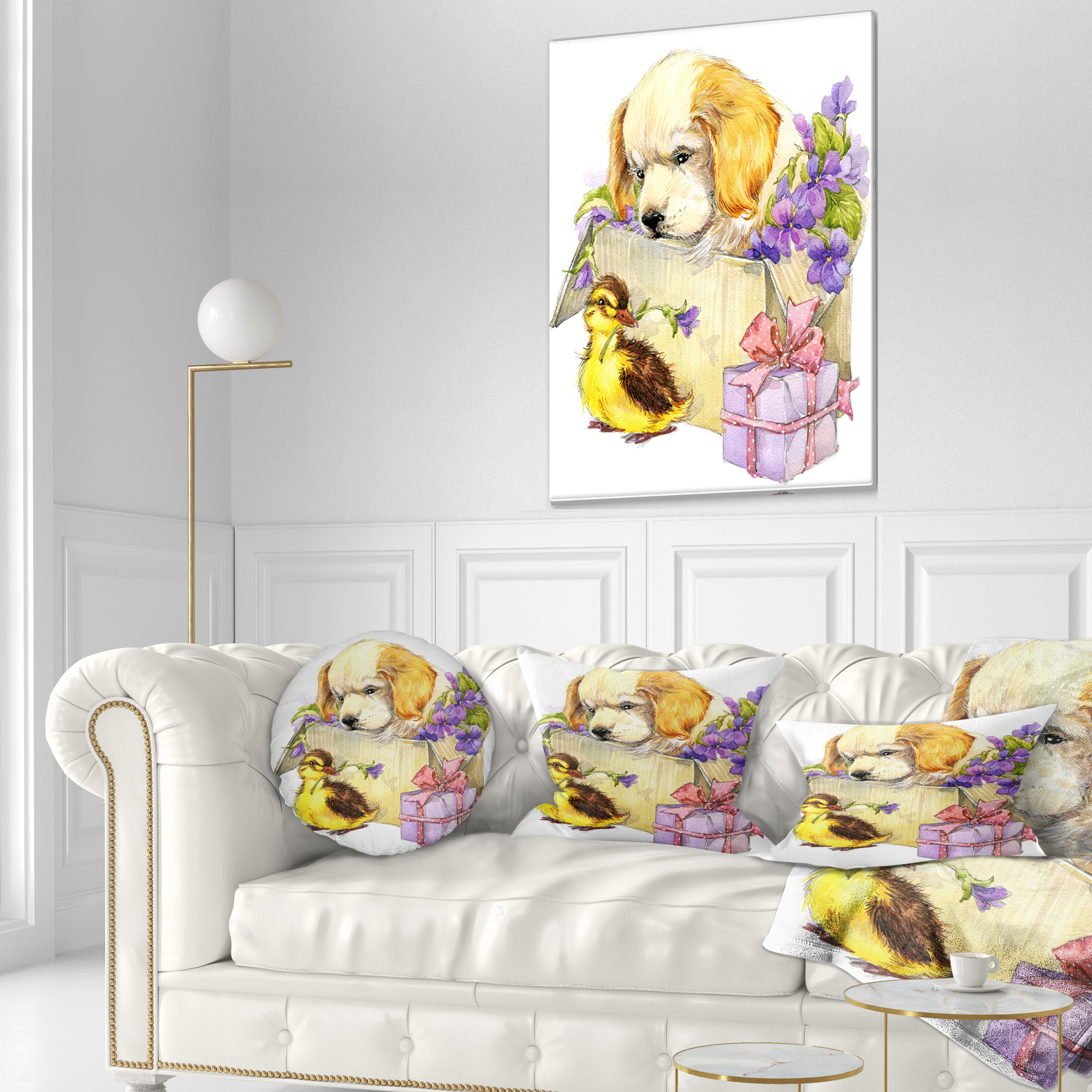 Designart Cute Puppy Dog and Duck - Contemporary Animal Throw Pillow - 12x20