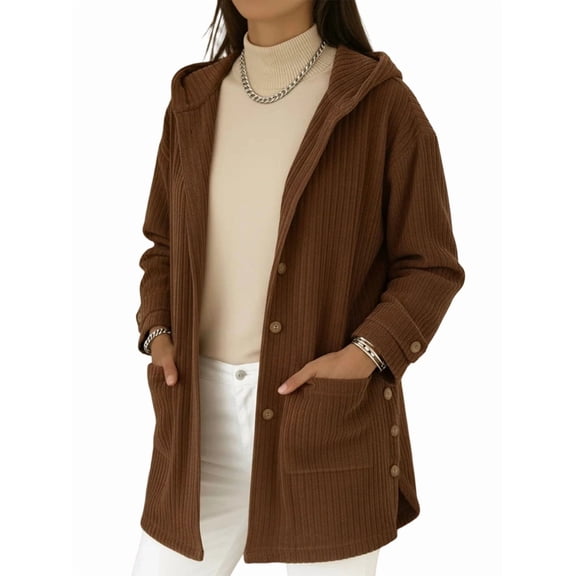 Womens Long Sleeve Corduroy Jacket Fall Button Up Hooded Coat with Pocket Trendy Loose Fit Sweatshirt Coats Brown S