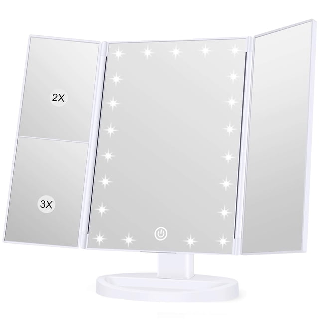 Makeup 21 Led Vanity Mirror with Lights, 1x 2x 3x Magnification, Touch Screen Switch, 180 Degree Rotation, Dual Power Supply, Portable Trifold Makeup Mirror