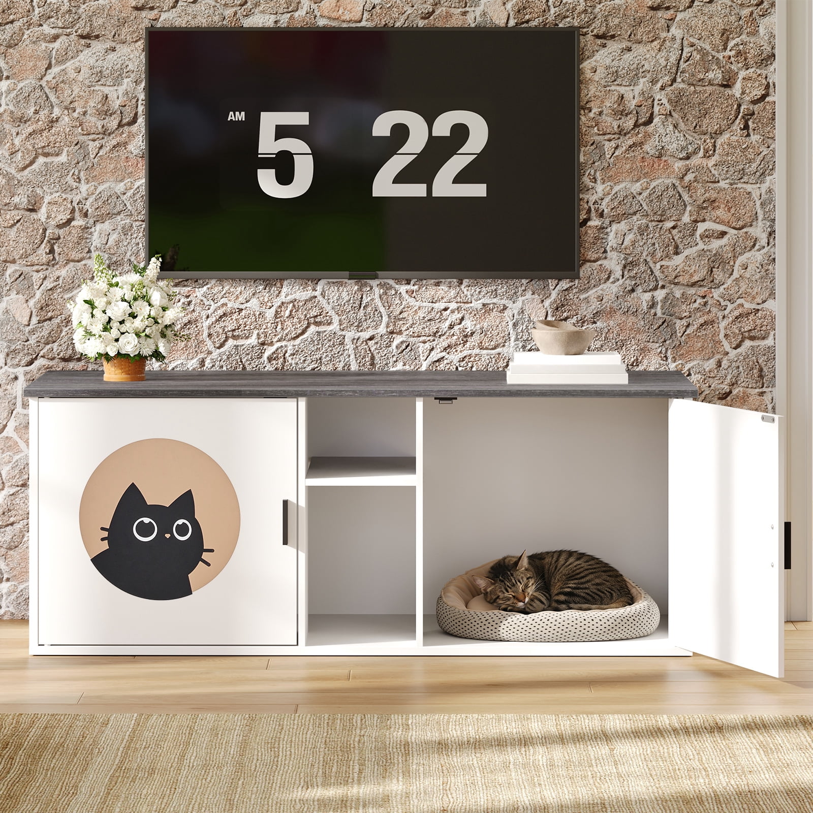 HOOBRO Double Cat Litter Box Enclosure with Middle Storage Shelf, Dual Hidden Litter Box Furniture, Unique Patterned Litter Box Cabinet, White and Charcoal Gray BW25MW01