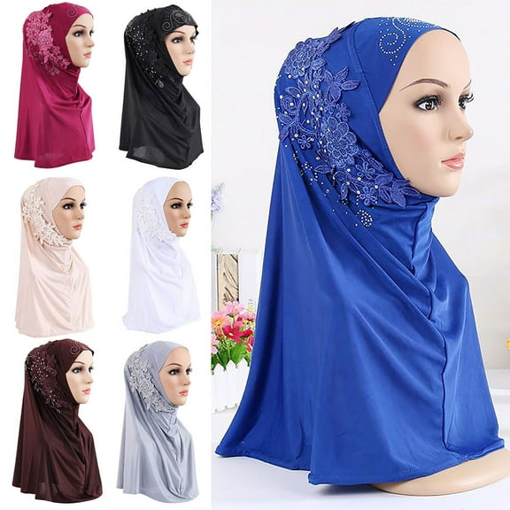 Visland Women Muslim Hijab Scarf, Fashion Casual Solid Color Lace Rhinestone Design Soft Cozy Islamic Turban Cap Wrap Head Scarf Pull on Headwear for Daily Wear