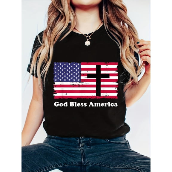 God Bless America Flag with Cross T-Shirt