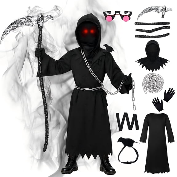 Forfamy Grim Reaper Costume, Scary Halloween Costume with Red Eyes Scythe Chain Grim Halloween Cape Robe,Halloween Cloak Outfit Fancy Dress