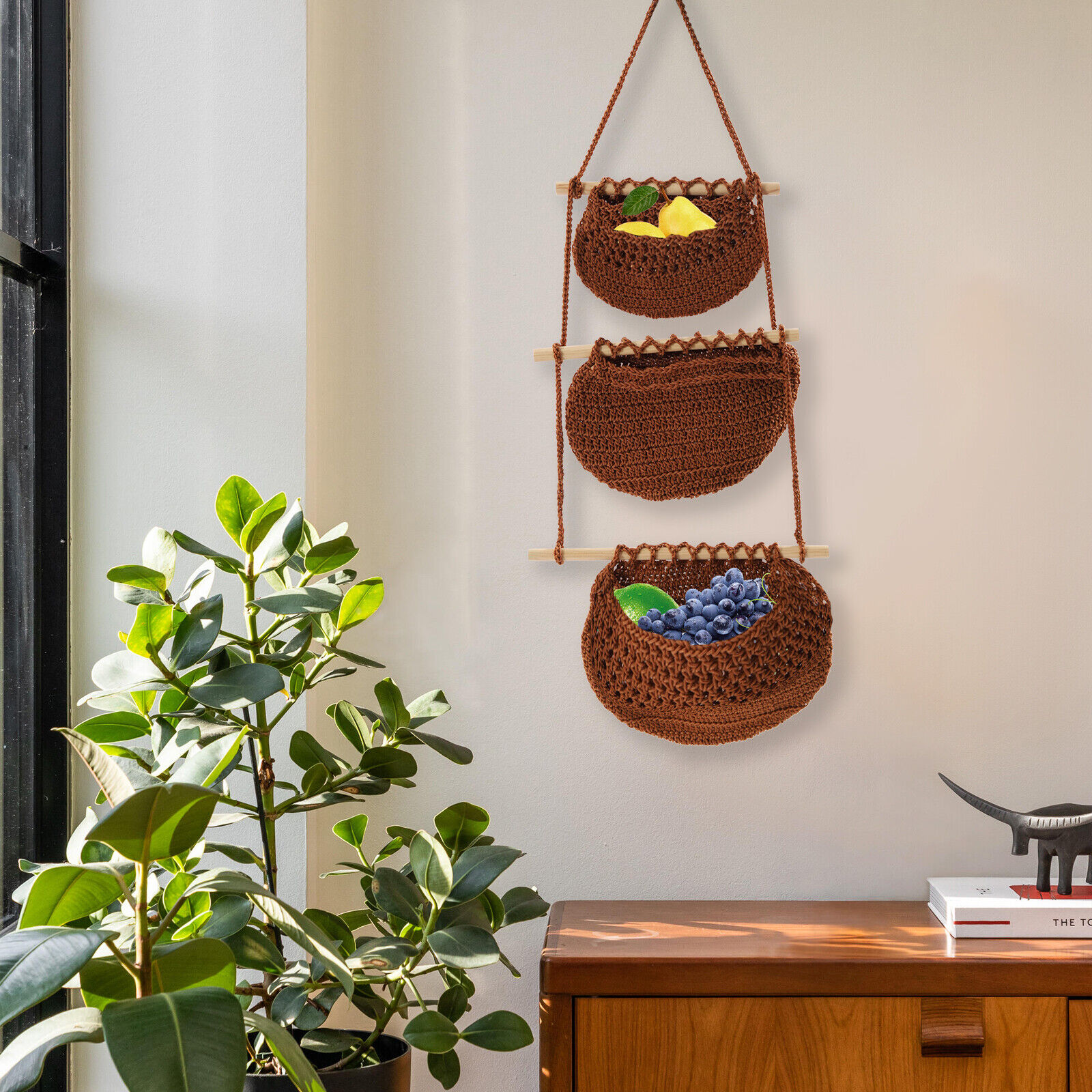 3 Tiers Hanging Basket Fruit Hammock Detachable Hanging Fruits Basket