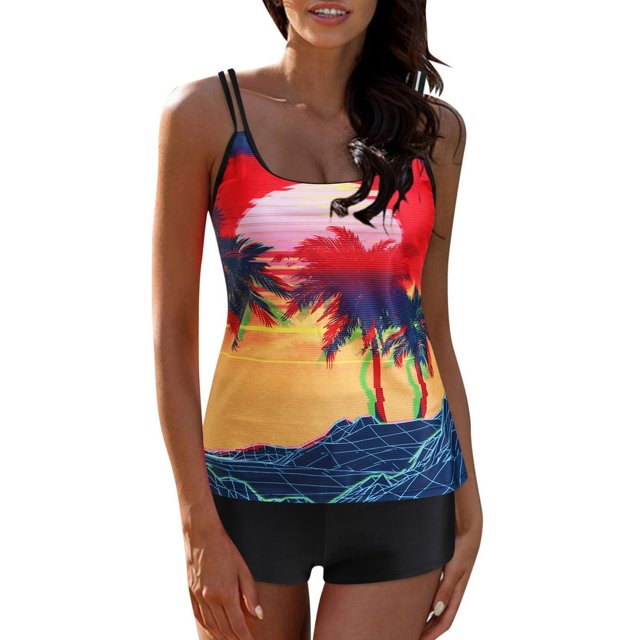 Swimsuit Women Plus Size 2 Piece Tankini Set Graphic Print Bikini Swimsuit Adjustable Tummy Control Bathing Suit