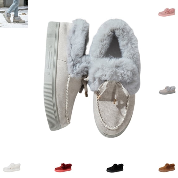 YOUYEDIAN Loafers for Women Winter Plush Slip On Versatile Round Toe Warm Casual Platform Fuzzy Flats Fashion Strap Deco Outdoor Walking Shoes