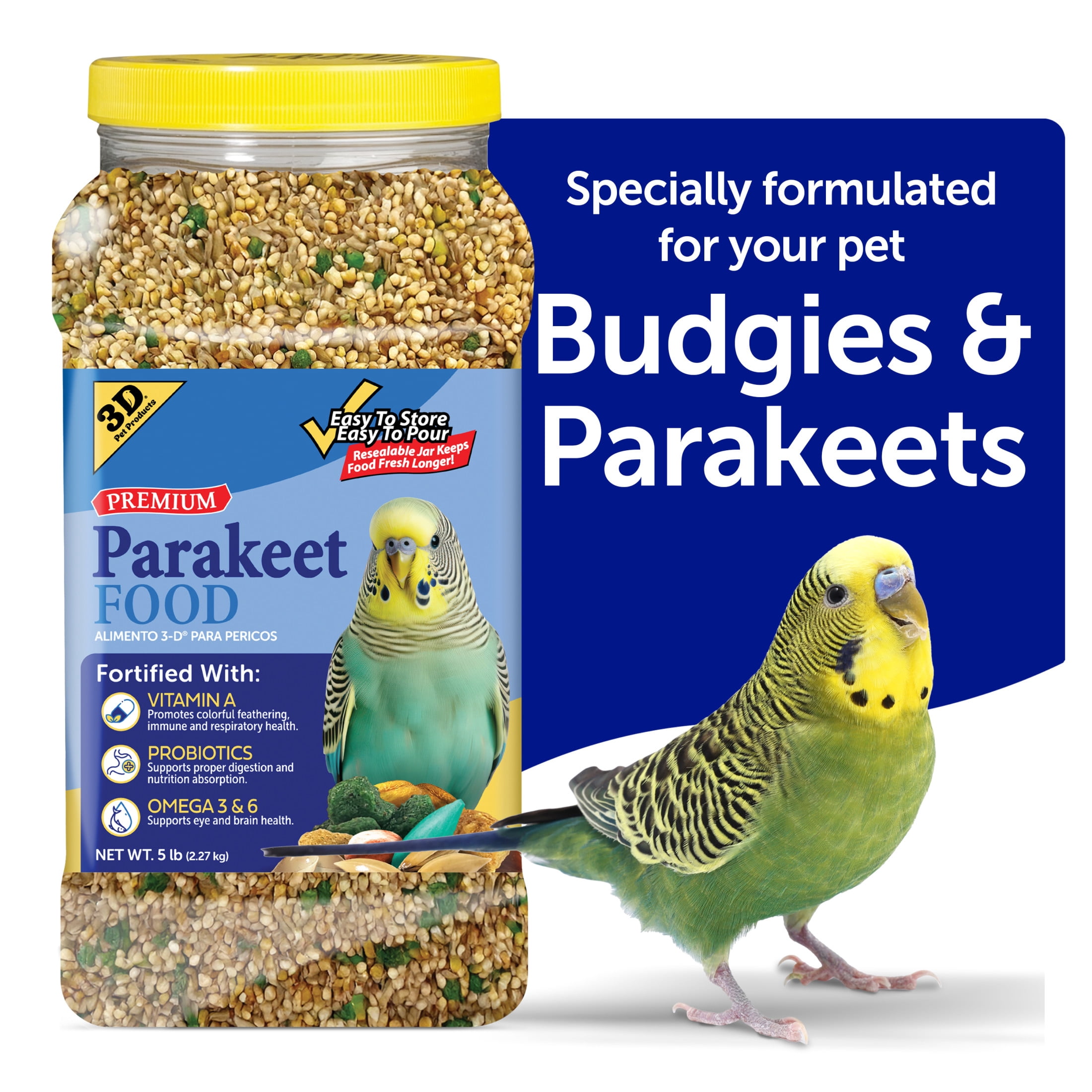 (4 pack) 3-D Pet Products Premium Parakeet Bird Food, with Probiotics, 5 lb. Jar, for Daily Feeding
